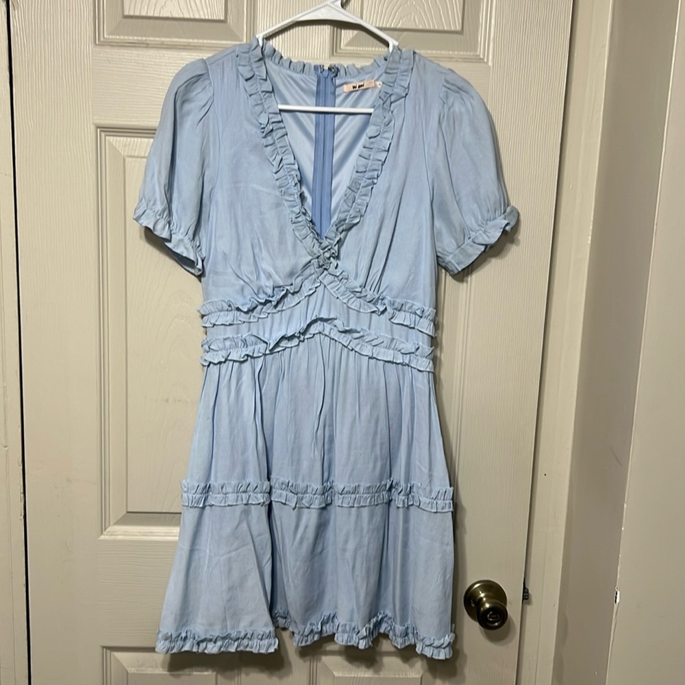 Light blue V neck ruffle dress